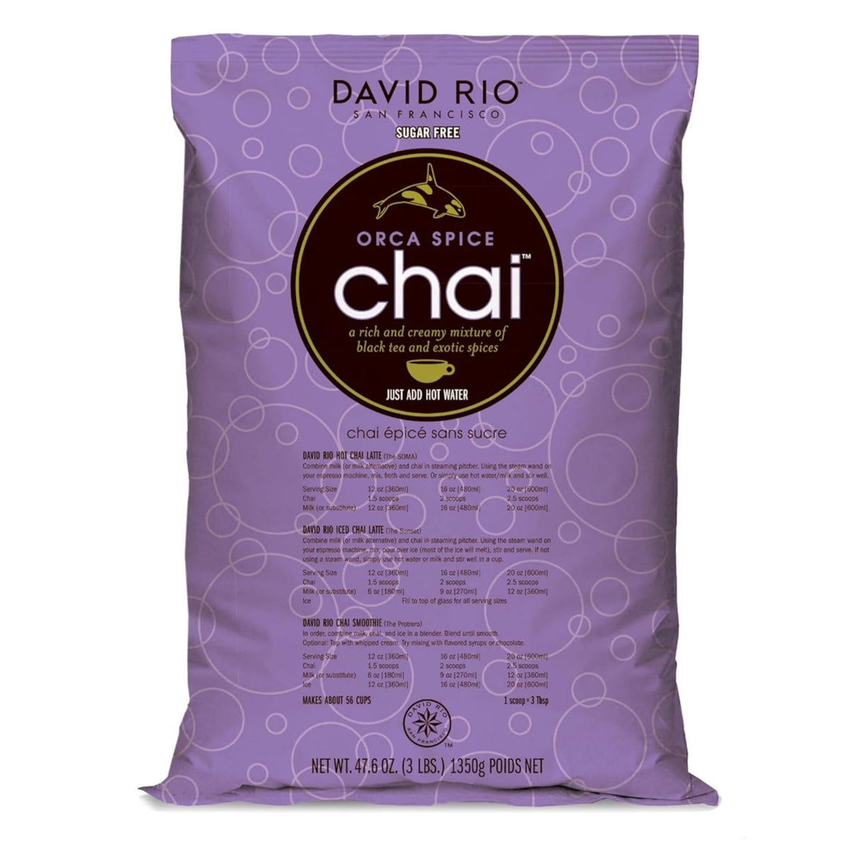 David Rio Orca Spice reduced calorie chai latte mix in a bottle, convenient for busy service.