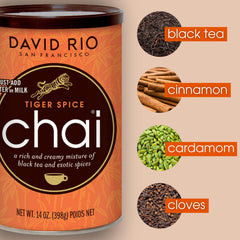 David Rio Tiger Spice hot latte cup with creamy chai flavor and steam.