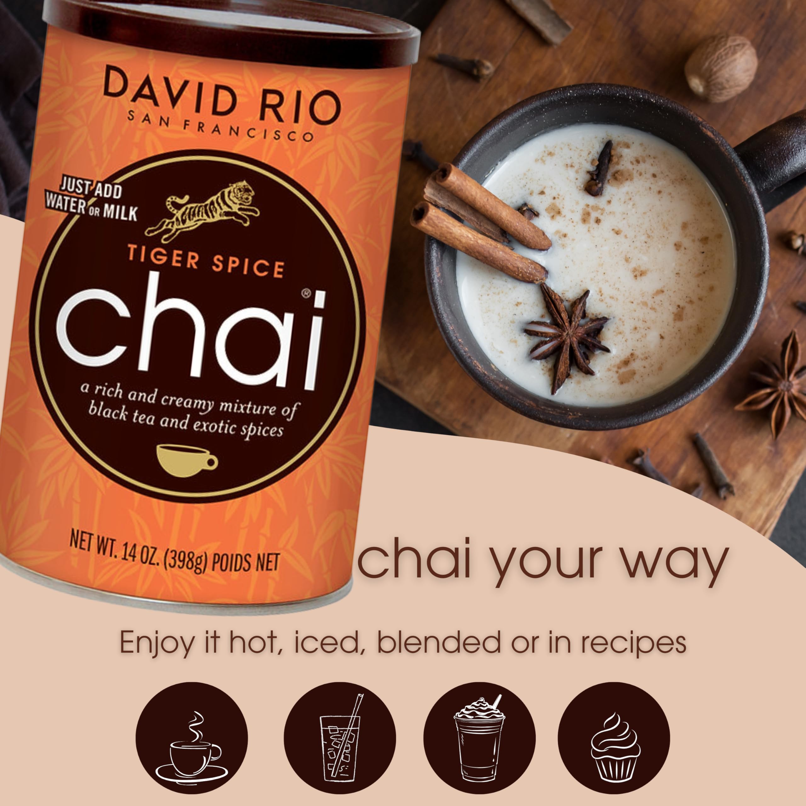 David Rio Tiger Spice iced latte glass presents a smooth, ready-to-serve beverage.