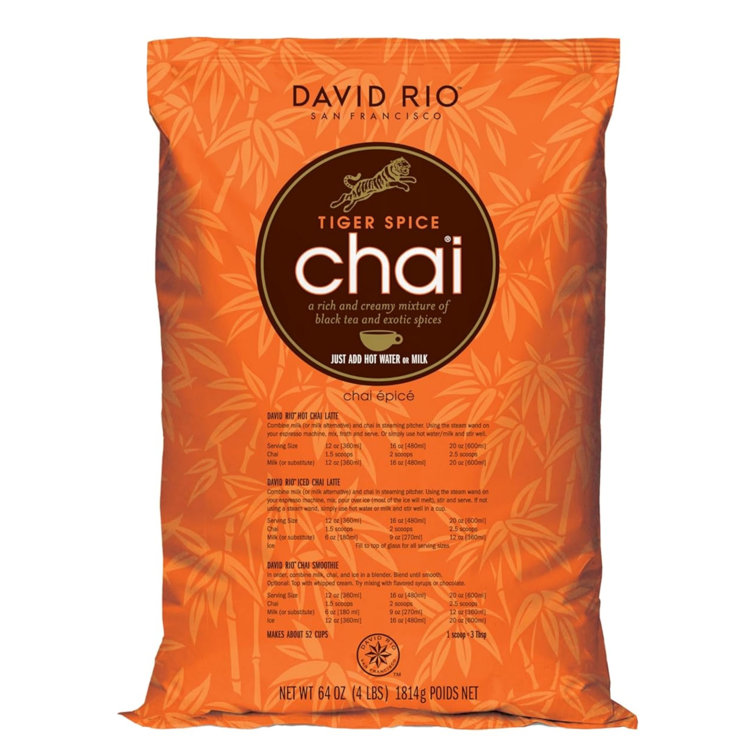 David Rio Tiger Spice Chai Tea Latte Mix packaging shows a bold spice blend.