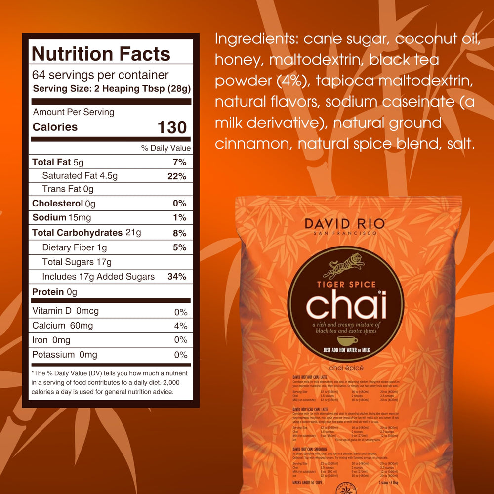 David Rio Tiger Spice Chai blend close-up with cinnamon and cardamom aroma.