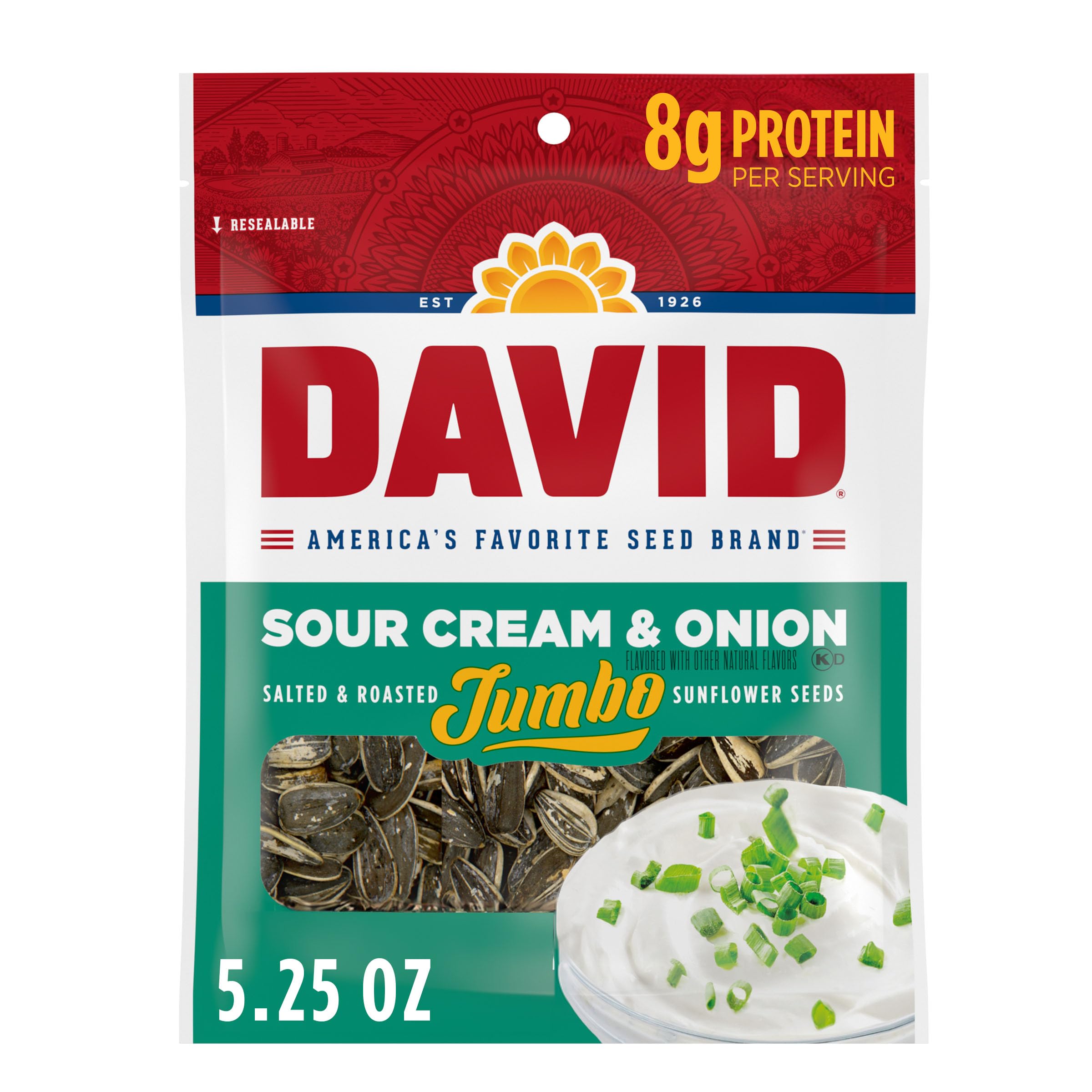 DAVID roasted jumbo sunflower seeds in sour cream and onion for savory energy.