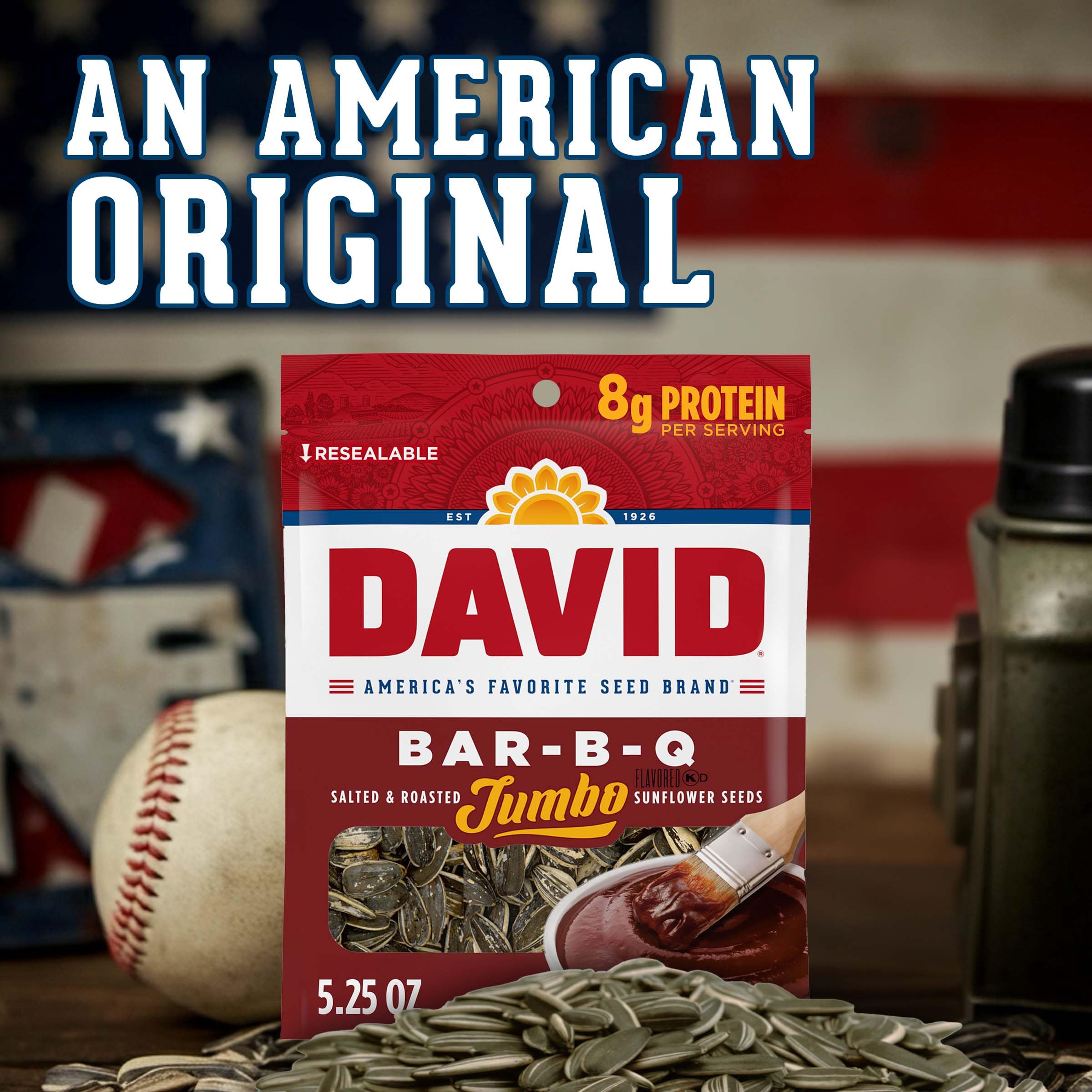Nutrition highlights per serving on the DAVID Bar-B-Q seeds label.