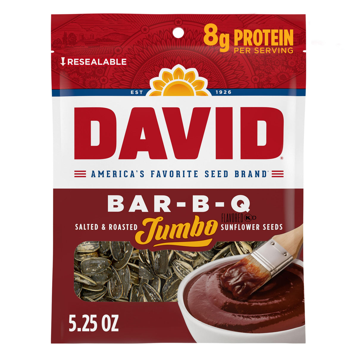 DAVID Bar-B-Q Jumbo Sunflower Seeds pack ready for sharing and on-the-go snacking.