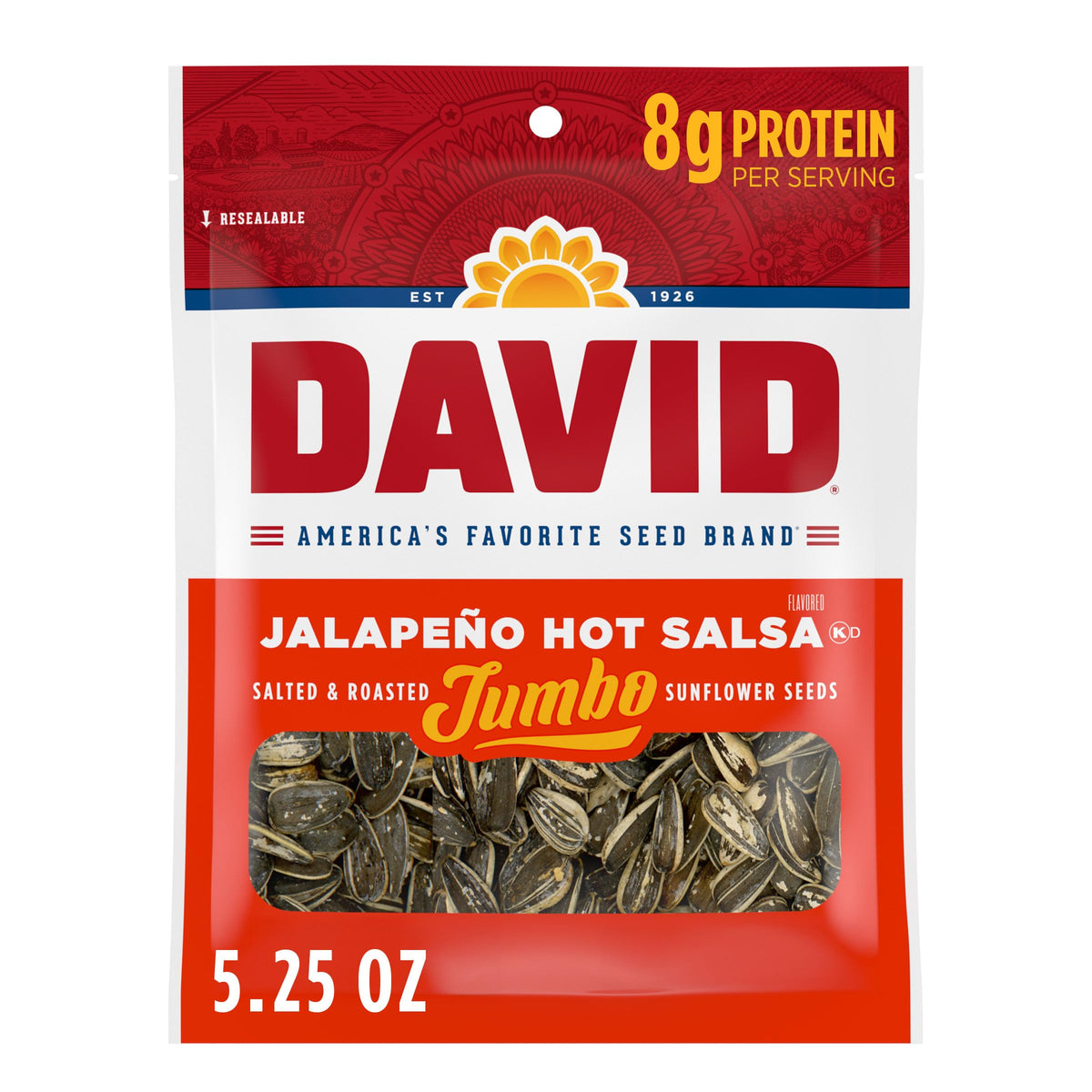 DAVID Seeds Jalapeno Hot Salsa pack front for on-the-go snacking.
