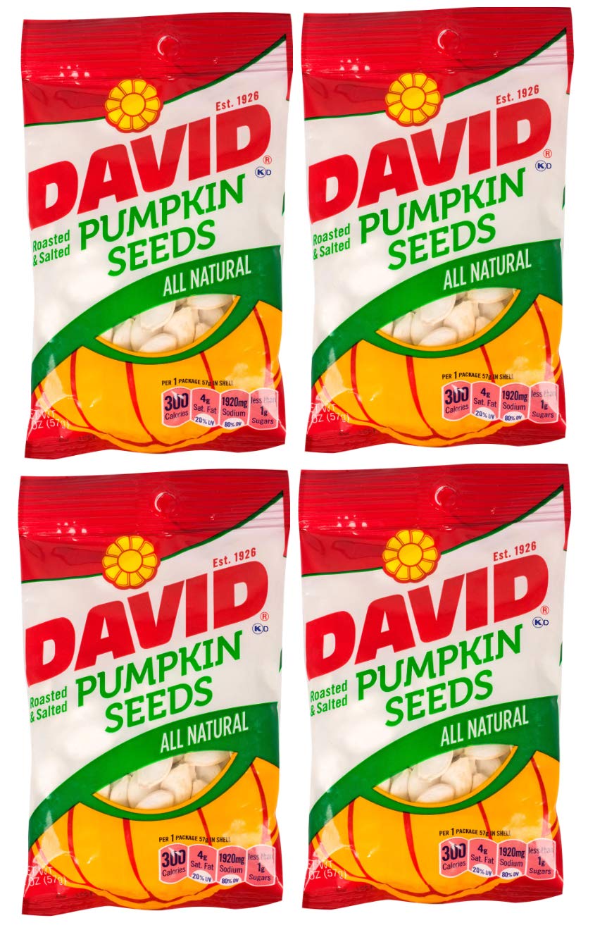 DAVID Seeds roasted pumpkin seeds in a 2oz bag, a convenient snack on the go.
