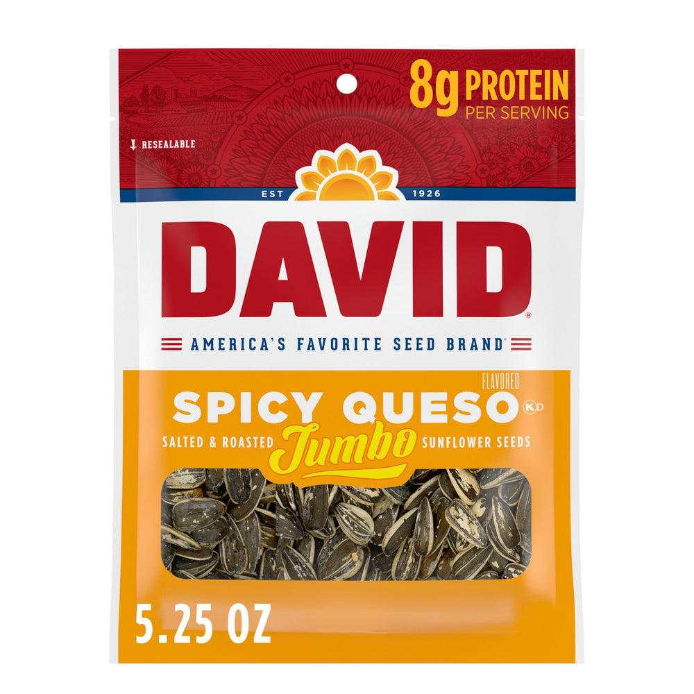 DAVID Spicy Queso sunflower seeds pack front for convenient snacking.