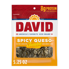 DAVID Spicy Queso sunflower seeds pack front for convenient snacking.