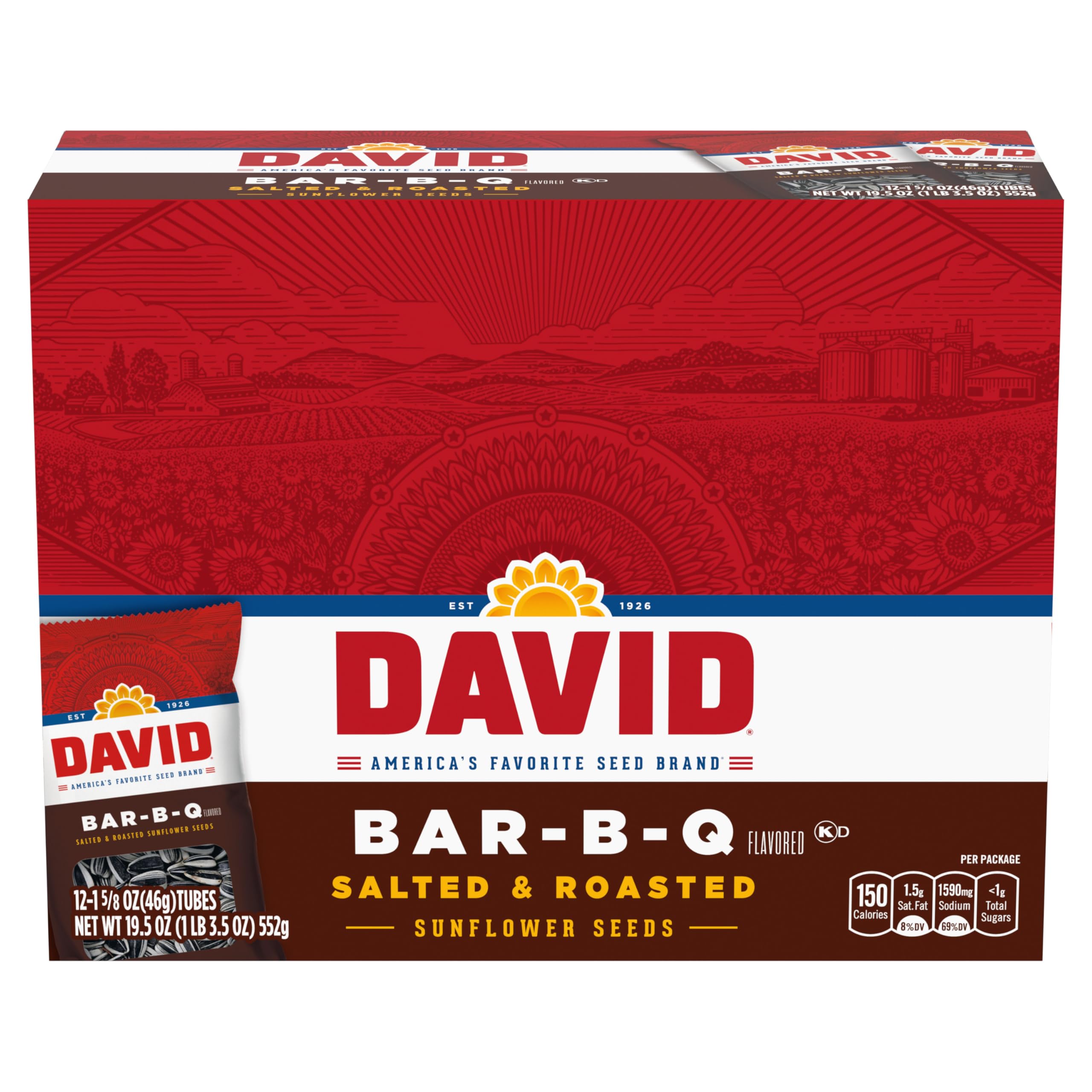 DAVID sunflower seeds Bar-B-Q flavor 12-pack for on-the-go snacking and game days.