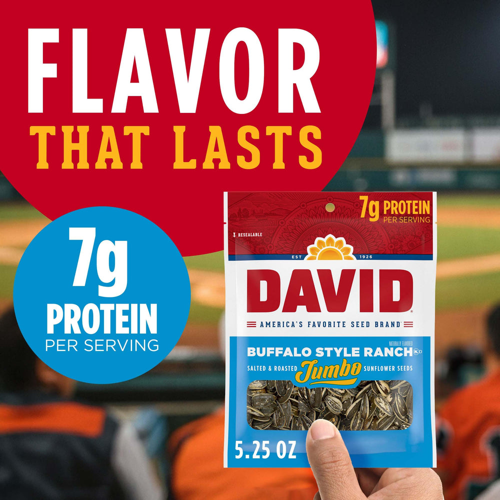 DAVID buffalo ranch jumbo sunflower seeds, roasted and salted texture.