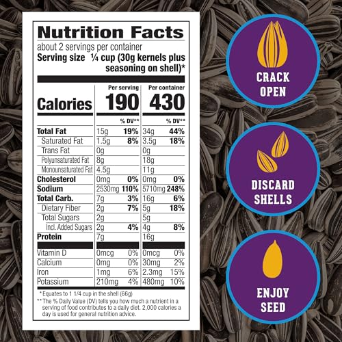 David Sweet and Salty Jumbo Sunflower Seeds 12-pack back panel showing nutrition.