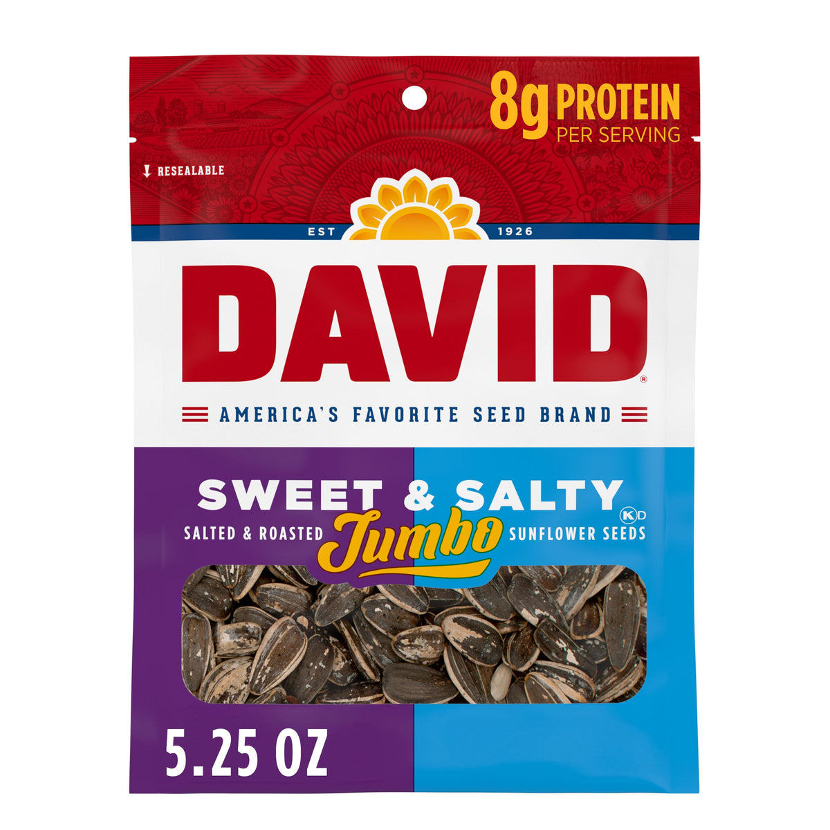 David Sweet and Salty Jumbo Sunflower Seeds 12-pack front view for sharing.