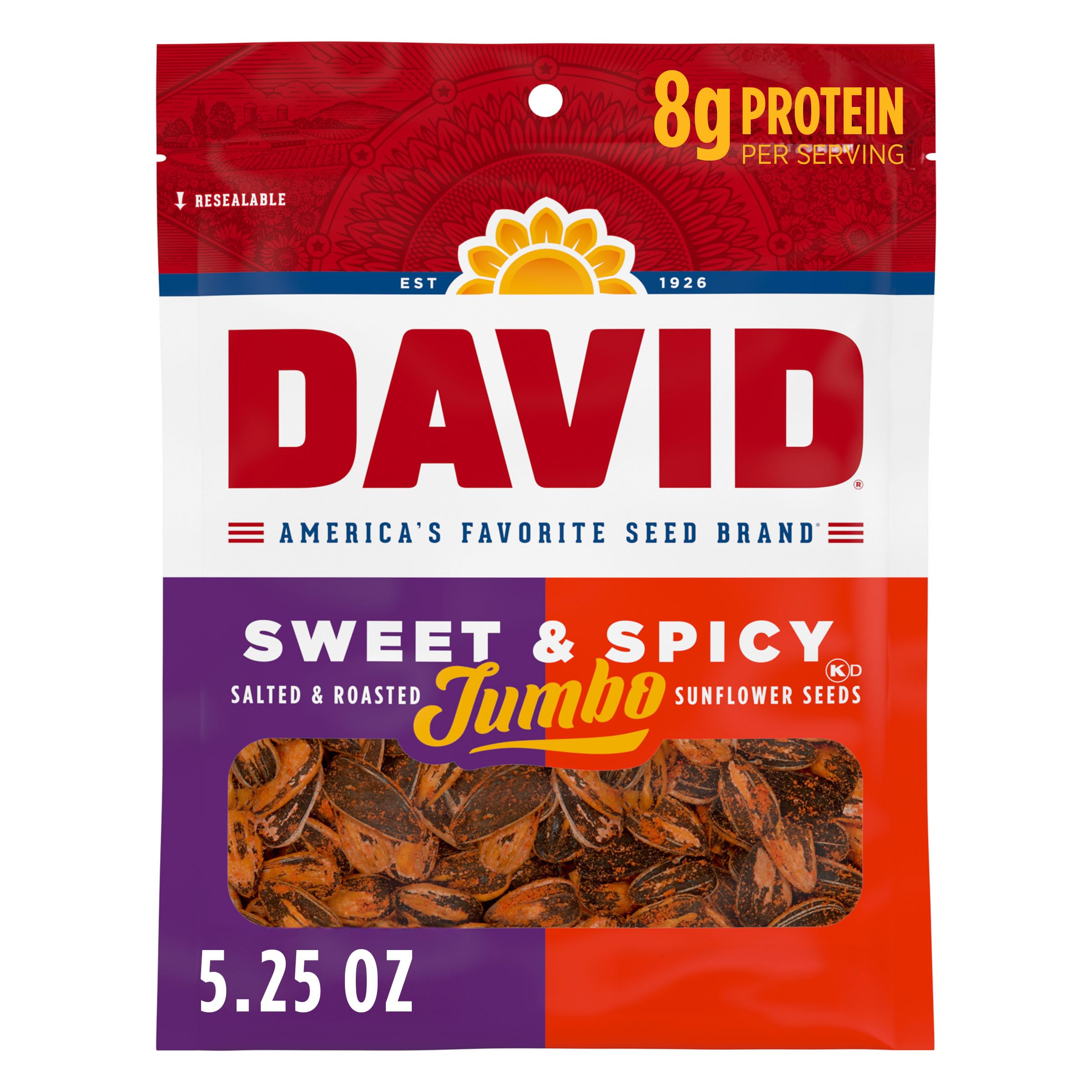 DAVID Sweet and Spicy Jumbo Sunflower Seeds front pack for grab-and-go snacking