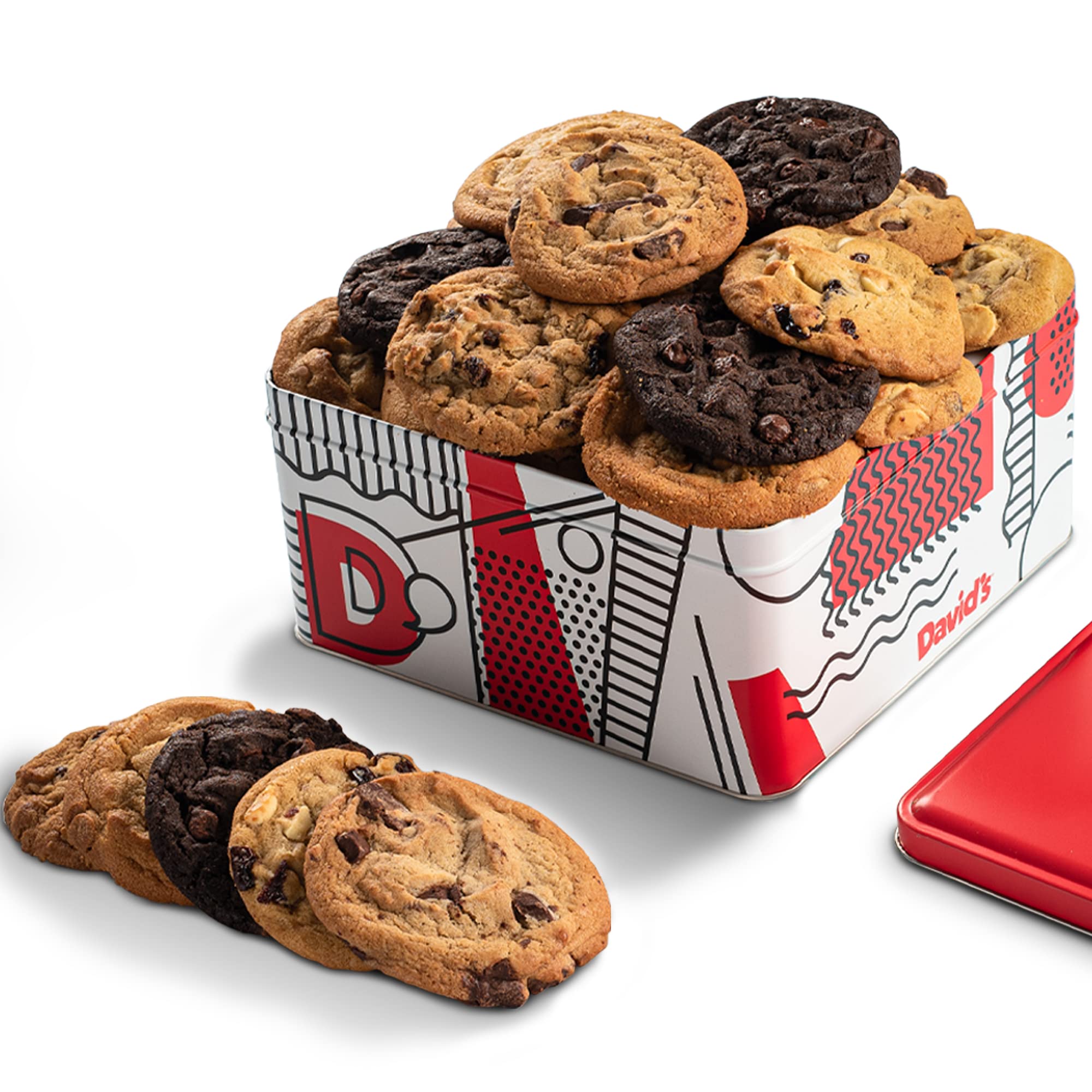 David's Cookies 2lb assorted flavors tin on display, ideal for gifting.