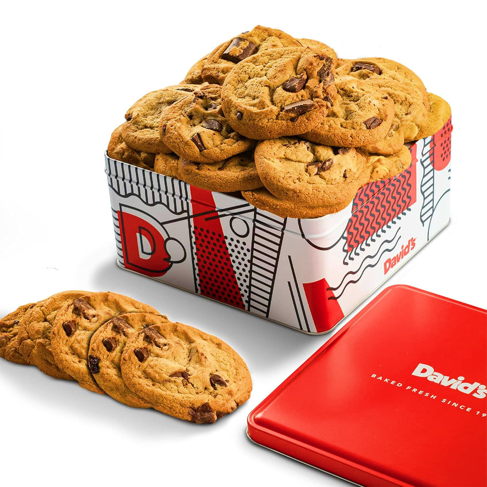David's Cookies 2lbs chocolate chunks cookies on a baking sheet, perfect for gifting.