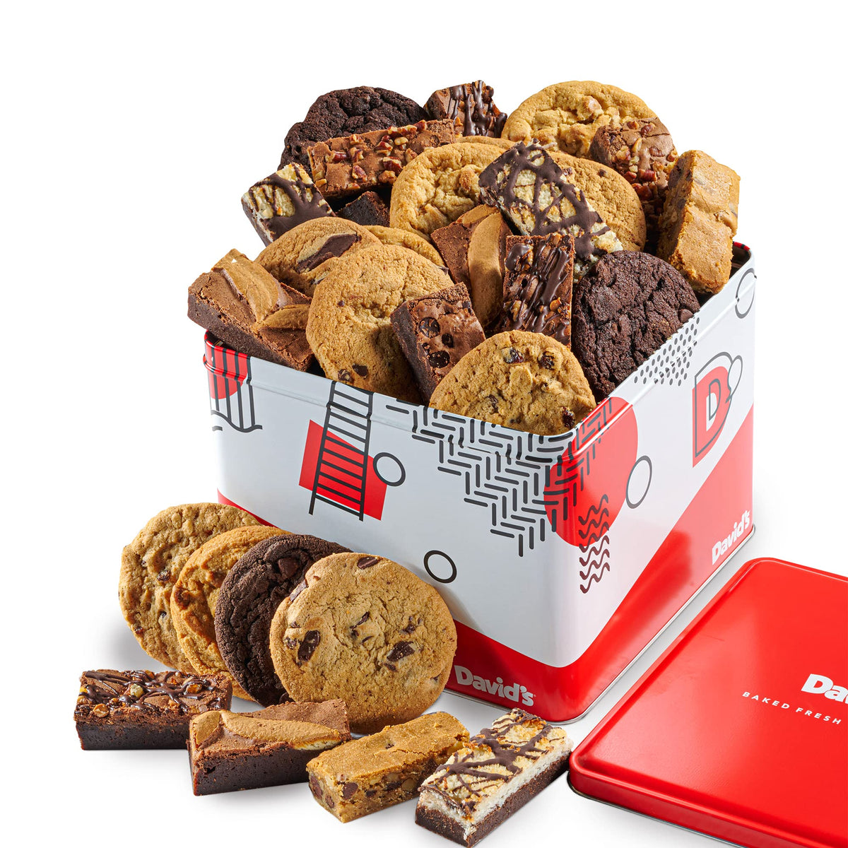 David's Cookies 5lb tin gift basket, showing assorted treats for sharing at gatherings.