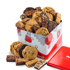 David's Cookies 5lb tin gift basket, showing assorted treats for sharing at gatherings.