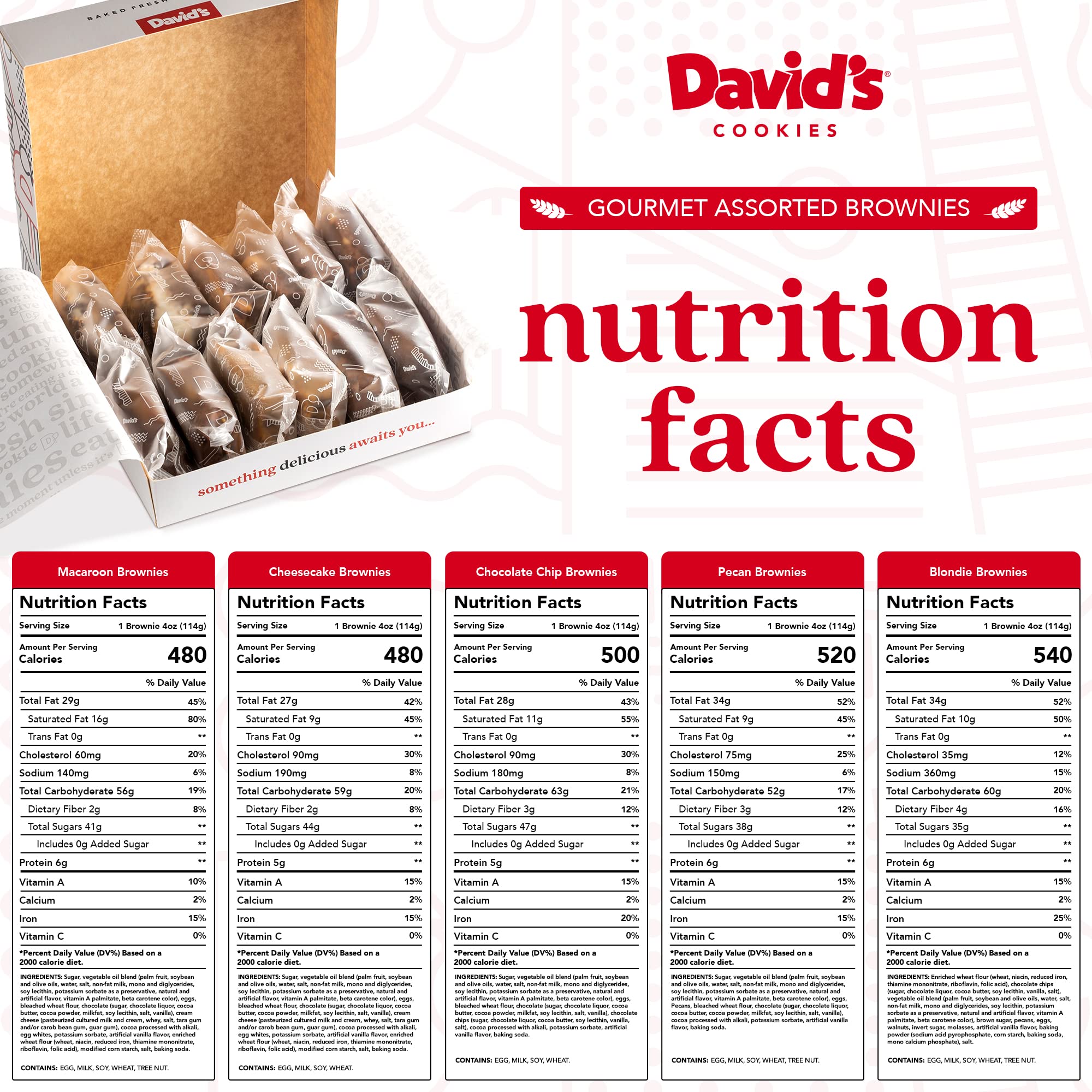 David's Cookies assorted brownies box detail showcasing premium ingredients