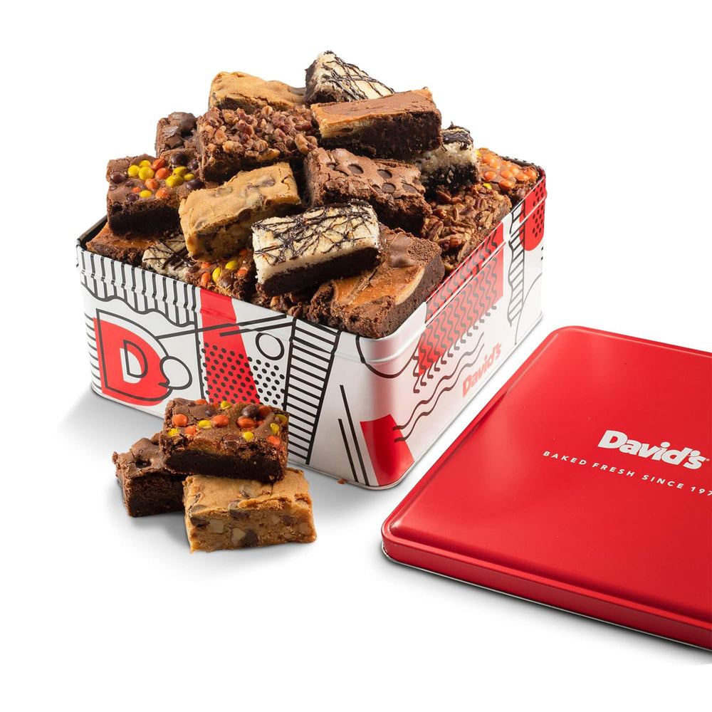 David's Cookies assorted brownies gift tin with 20 slices, ideal for gifting or sharing.