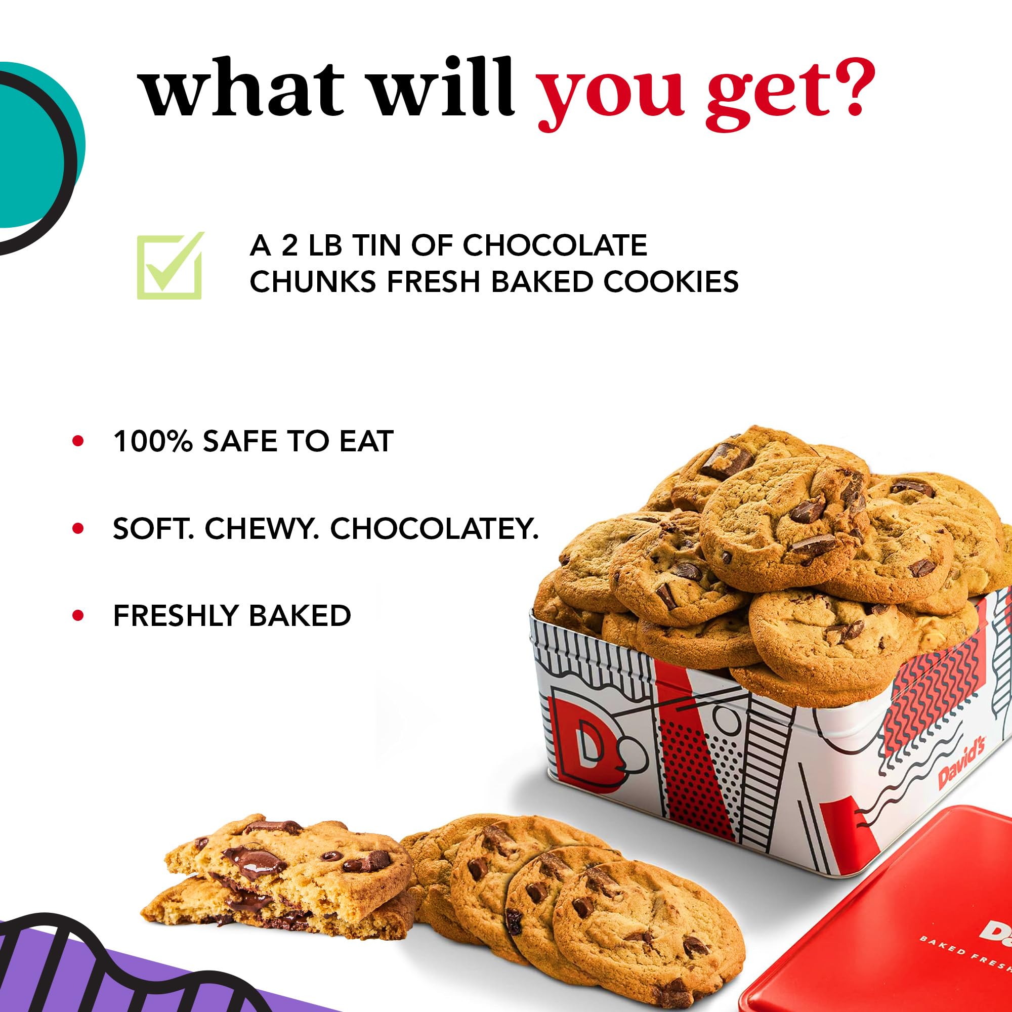 David's Cookies assorted flavors display chocolate chunk, oatmeal raisin, and peanut butter options for variety.