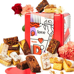 David's Cookies gift tin with brownies and crumb cake, ideal for gifting and sharing.