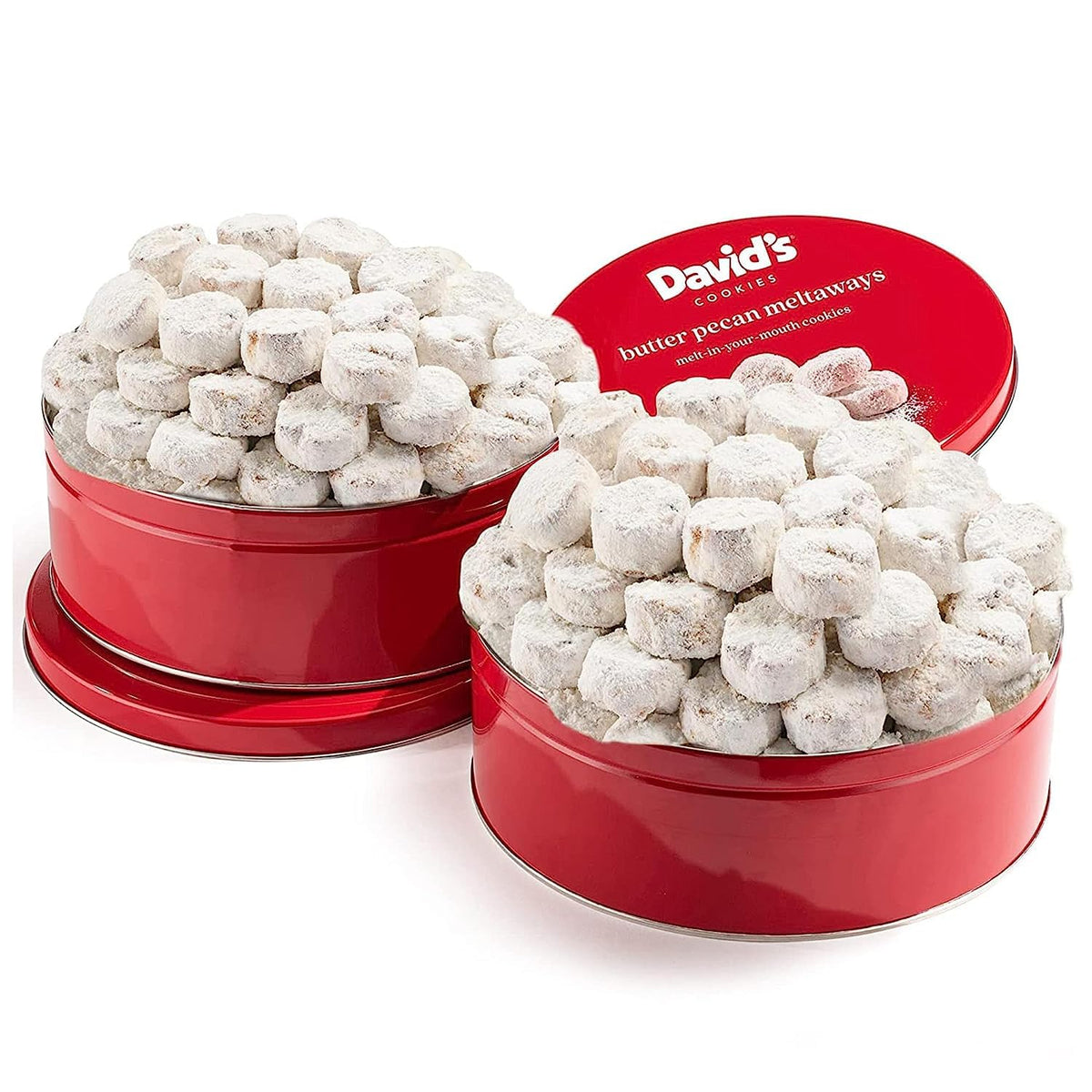 David's Cookies butter pecan meltaway tin front view showing premium texture and gifting appeal
