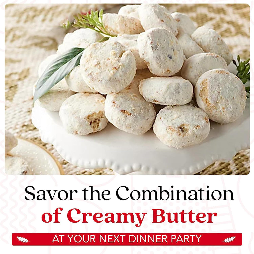 David's Cookies butter pecan meltaway tin with powdered sugar dust for festive look