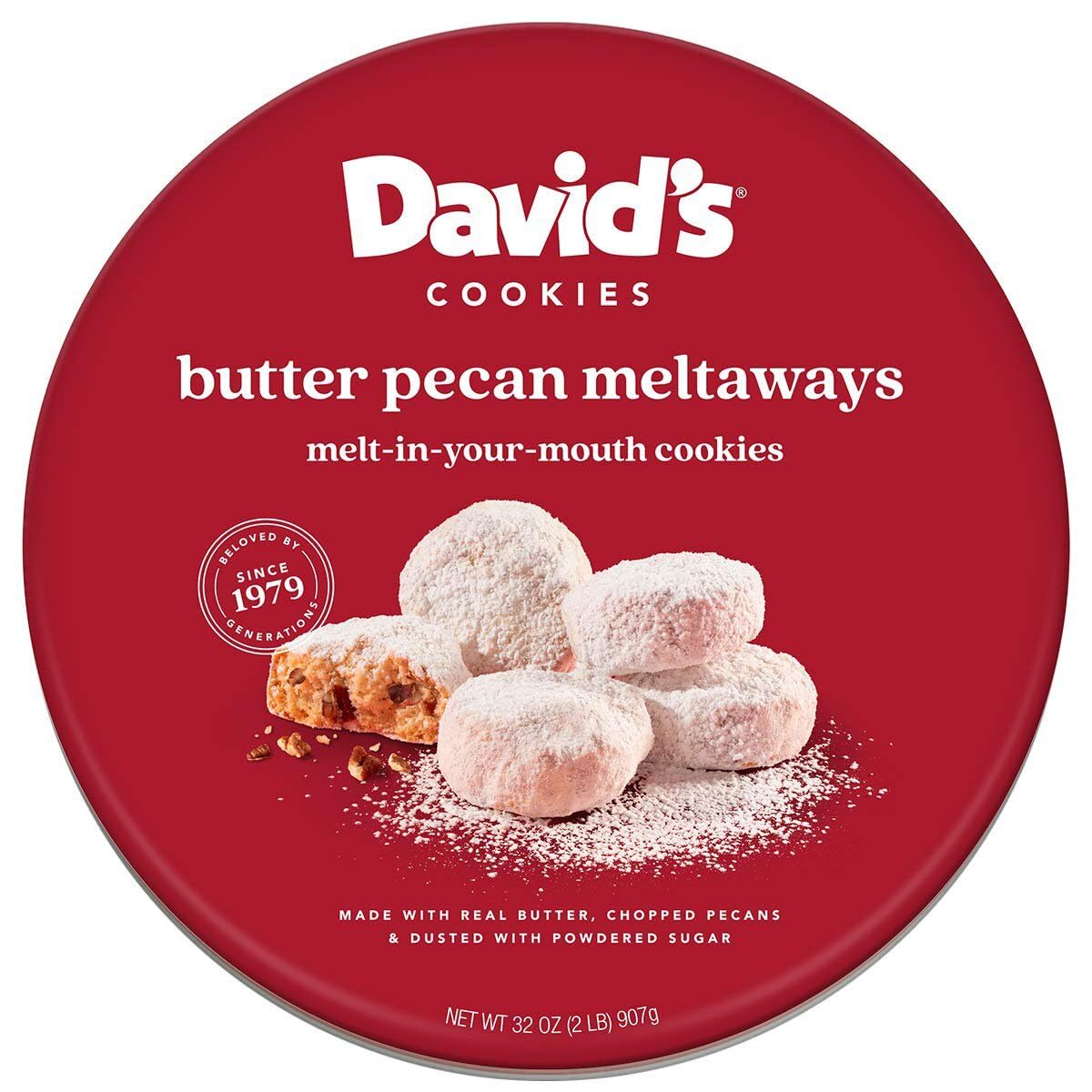 David's Cookies Butter Pecan Meltaways in a decorative tin, ideal for gifting