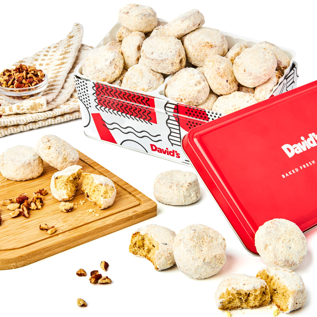 David's Cookies Butter Pecan Meltaways in tin with gift-ready packaging