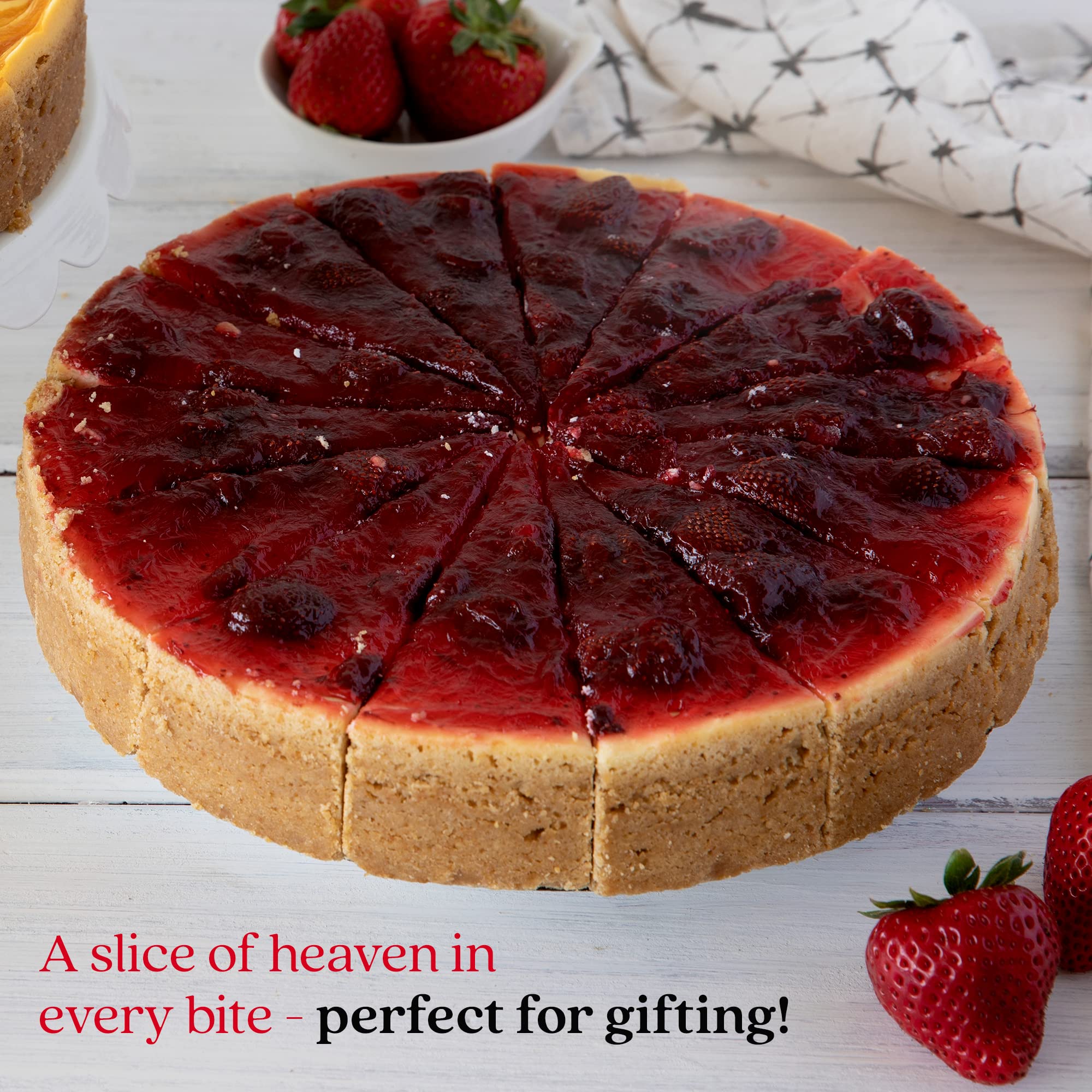 David's Cookies logo beside cheesecake image, reinforce brand trust for dessert lovers.
