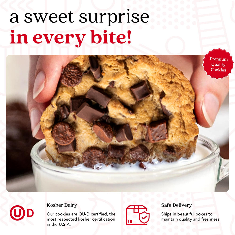 David's Cookies triple chocolate chunk cookie cross-section, soft center and rich texture.