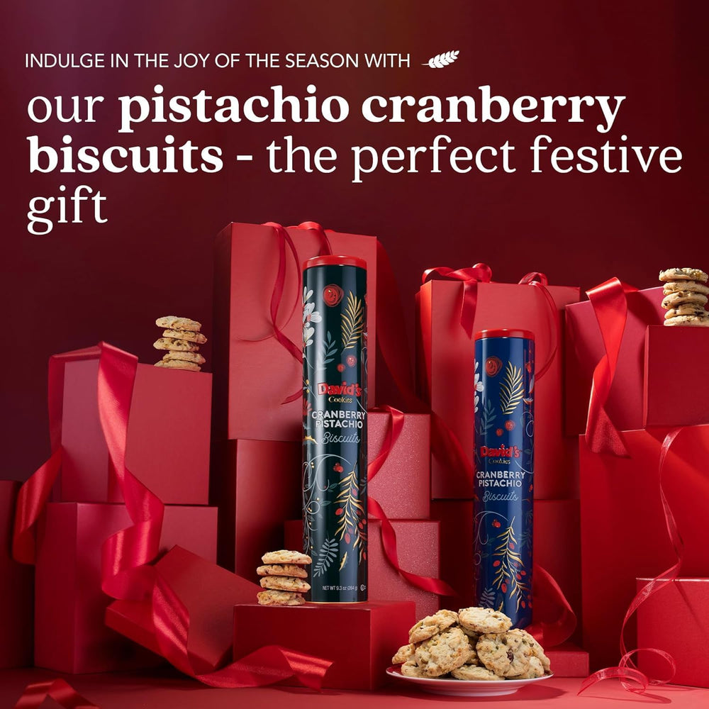 DAVID'S COOKIES cranberry pistachio biscuits in ingredient-close shot highlighting all-natural components