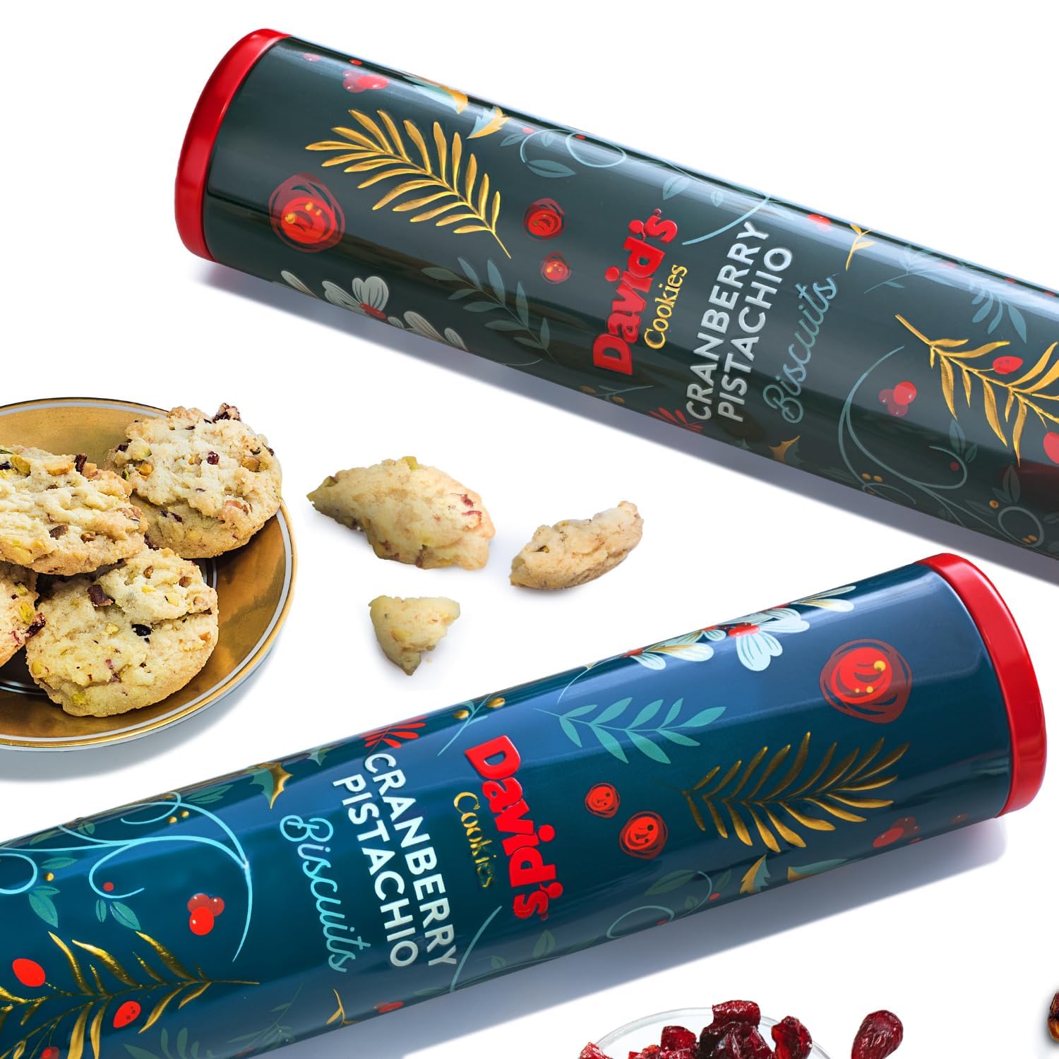 DAVID'S COOKIES cranberry pistachio biscuits front view in gift-ready packaging