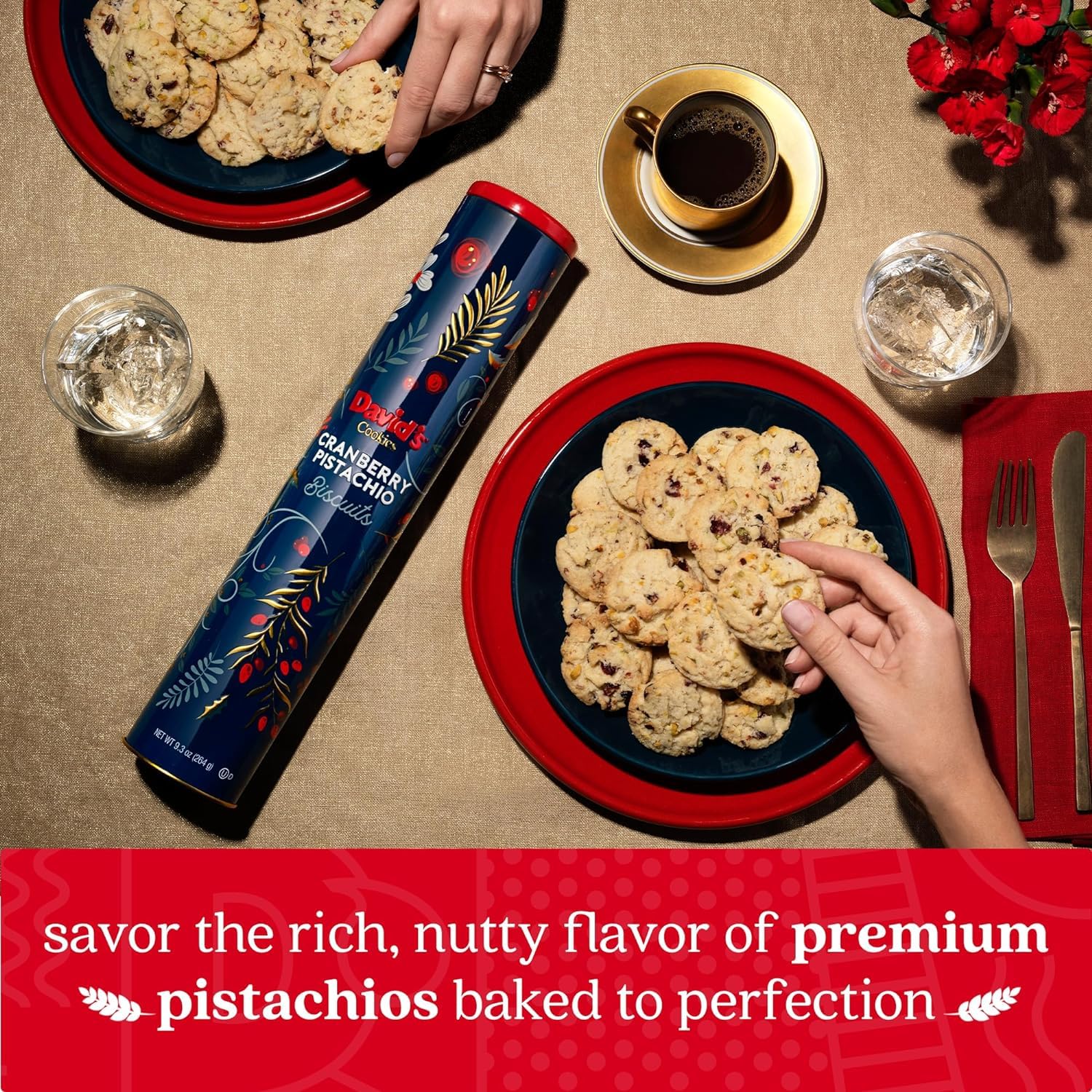 DAVID'S COOKIES cranberry pistachio biscuits with tea pairing ideal for afternoon