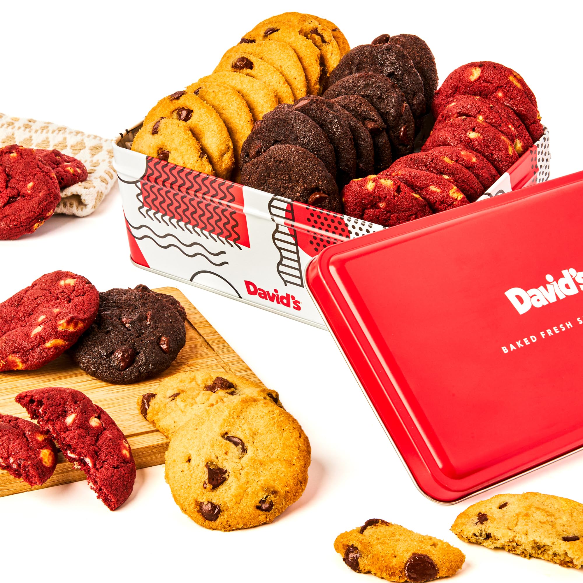 David's Cookies chocolate chip mini cookies in a festive tin, ideal for gifting.