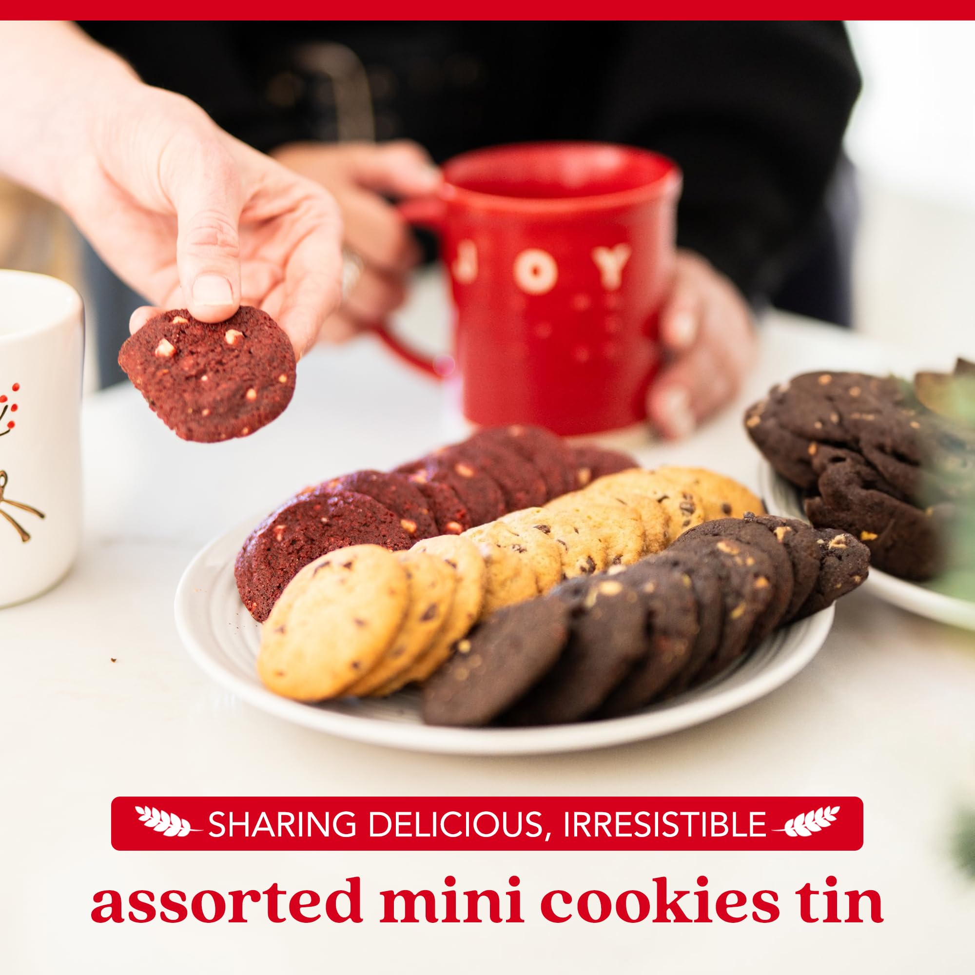 David's Cookies red velvet mini cookies in a gift tin for easy sharing.