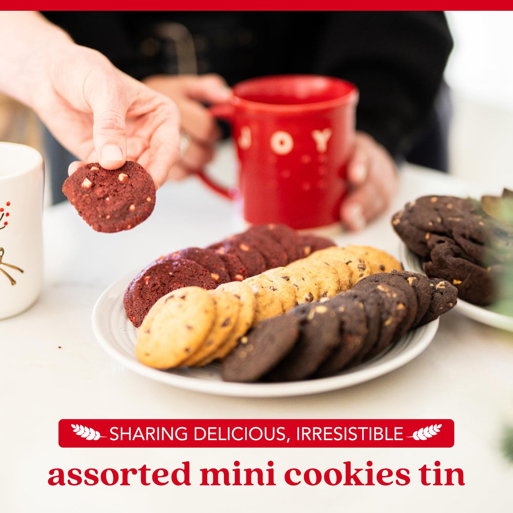 David's Cookies red velvet mini cookies in a gift tin for easy sharing.