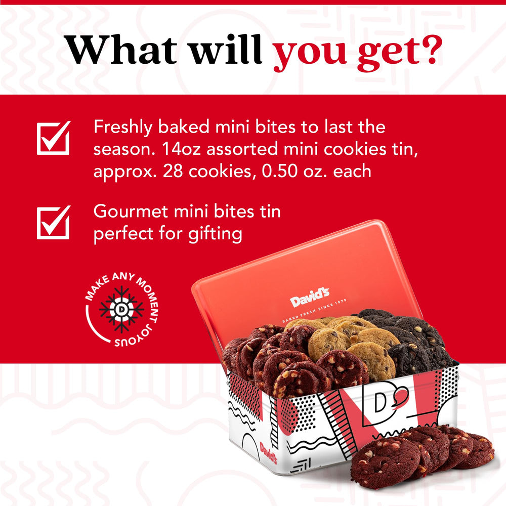 David's Cookies white chocolate chip mini cookies in a keepsake tin for celebrations.