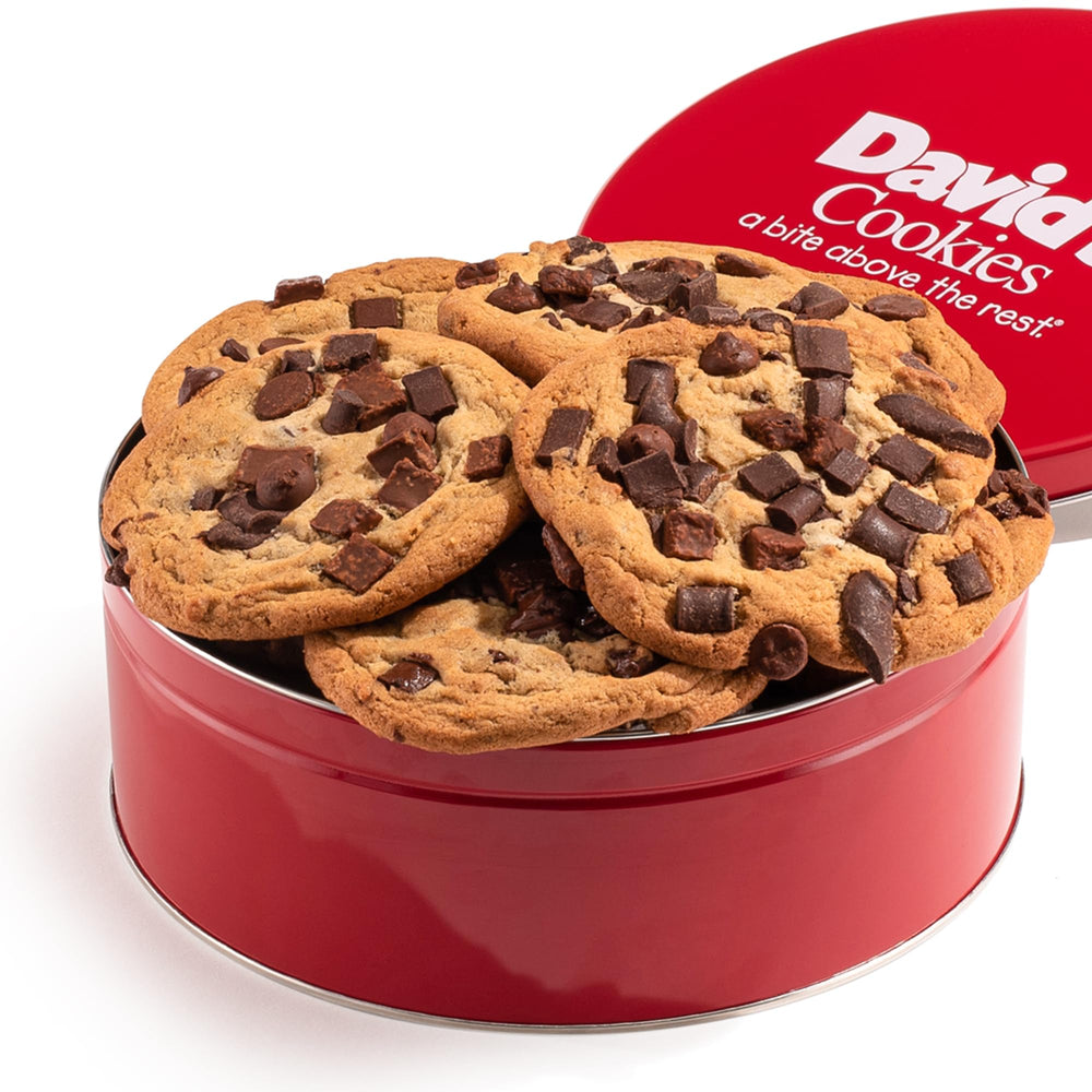 David's Cookies triple chocolate chunk gift tin with eight fresh cookies, ready to share.