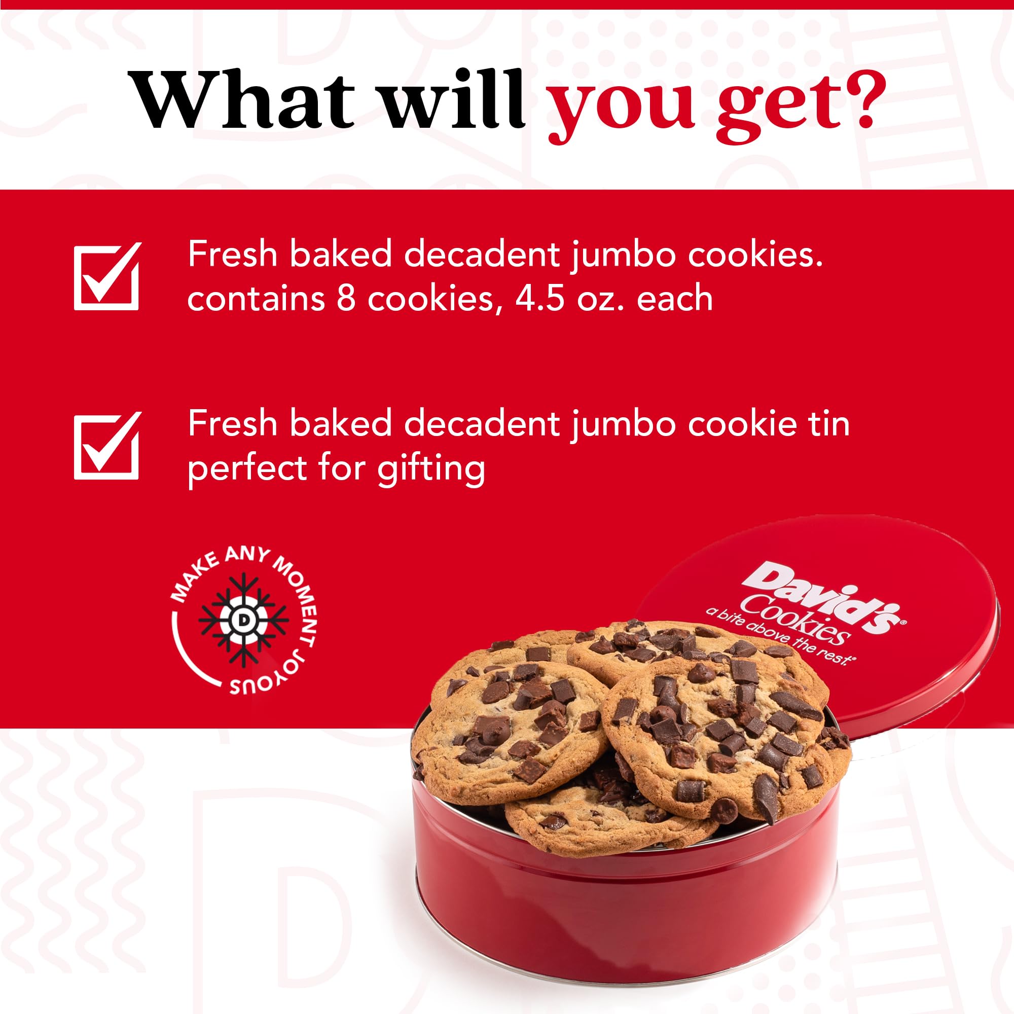 David's Cookies gift tin on a kitchen counter, great for gifting.