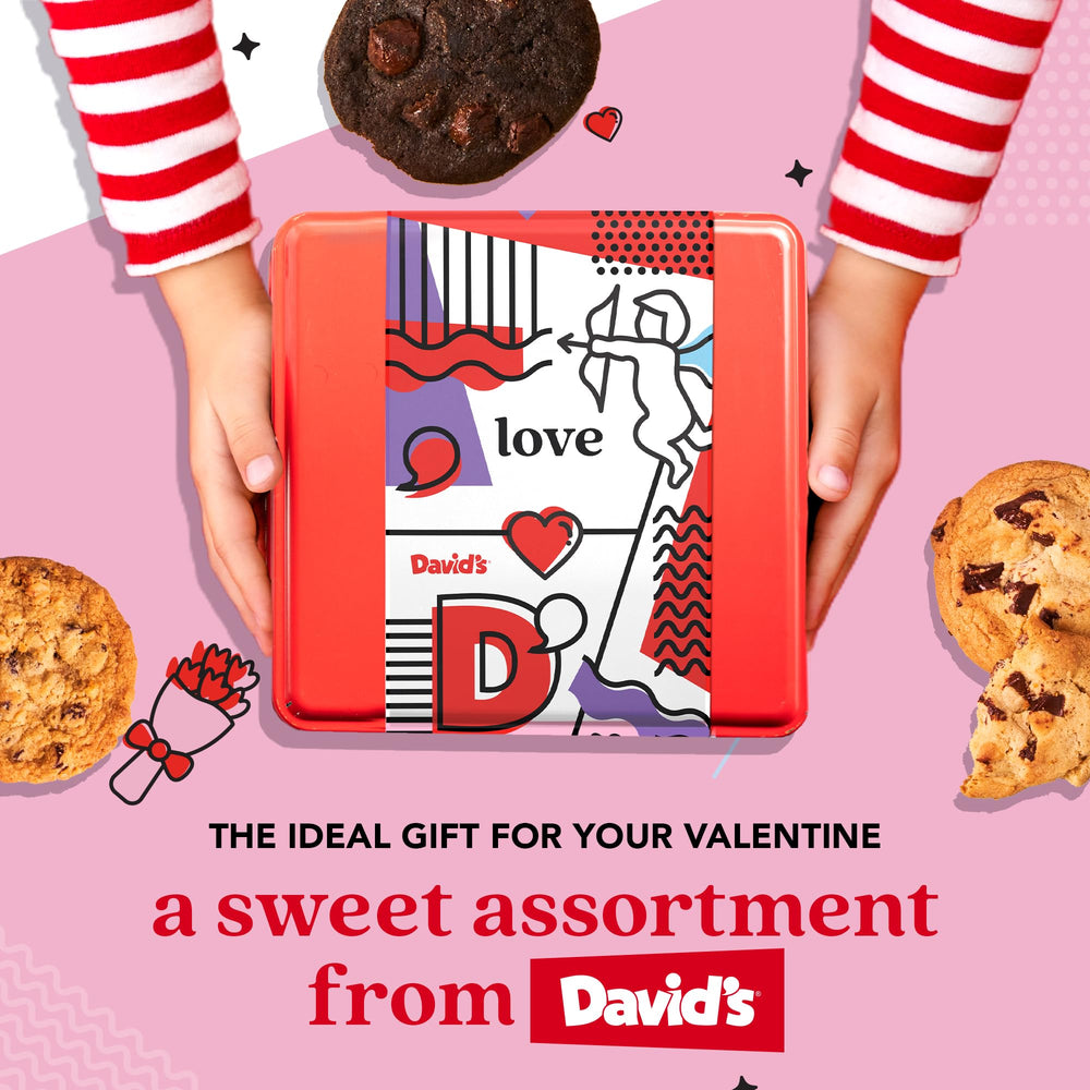 David's Cookies gift tin packaging emphasizes premium, reusable keepsake tin