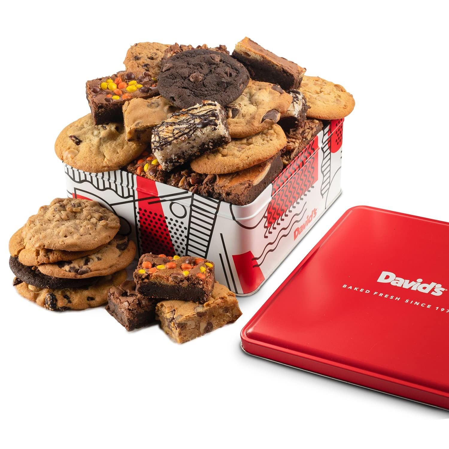 David's Cookies tin crate gift packaging displaying assorted cookies and brownies for sharing.