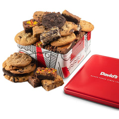 David's Cookies tin crate gift packaging displaying assorted cookies and brownies for sharing.