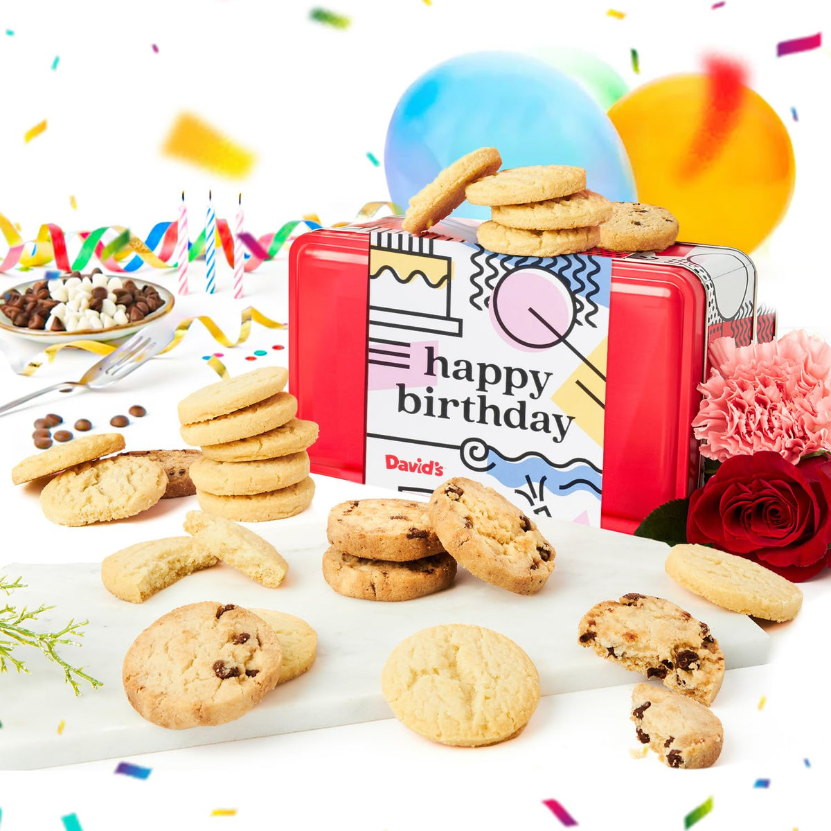 David's Cookies Happy Birthday gift tin, ready for celebrations.