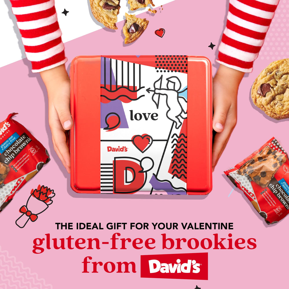 David's Cookies love-themed gift tin packaging, a stylish presentation for gifting family and friends.