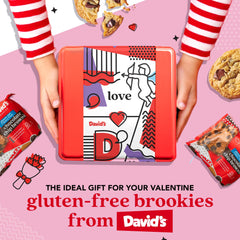 David's Cookies love-themed gift tin packaging, a stylish presentation for gifting family and friends.