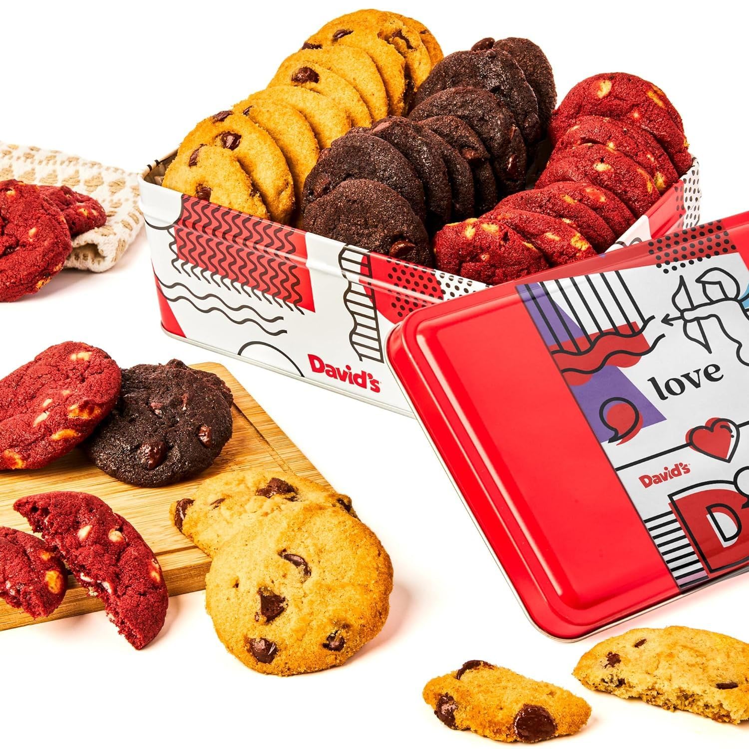David's Cookies love tin with chocolate chip cookies, perfect for gifting and sharing