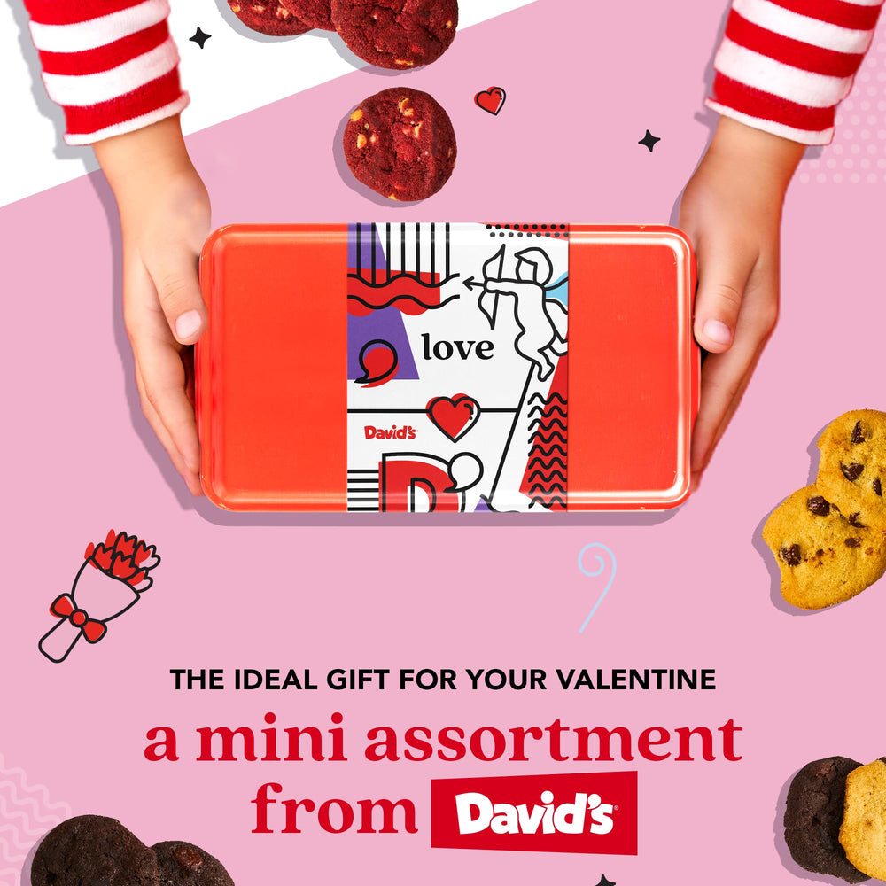 David's Cookies love tin closeup, premium packaging highlights freshness