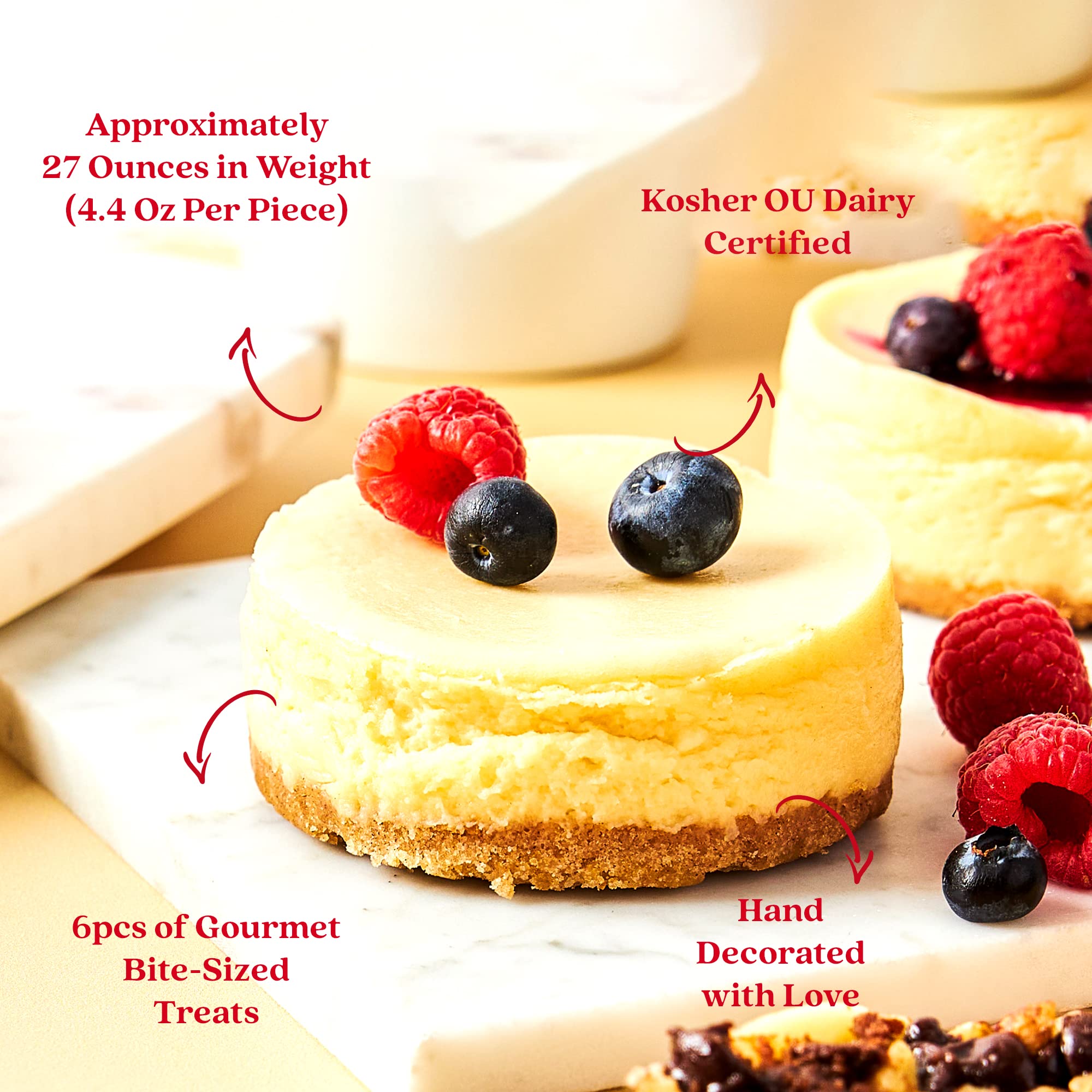 David's Cookies New York Mini Cheesecakes cream swirl top close-up, highlighting creamy texture.