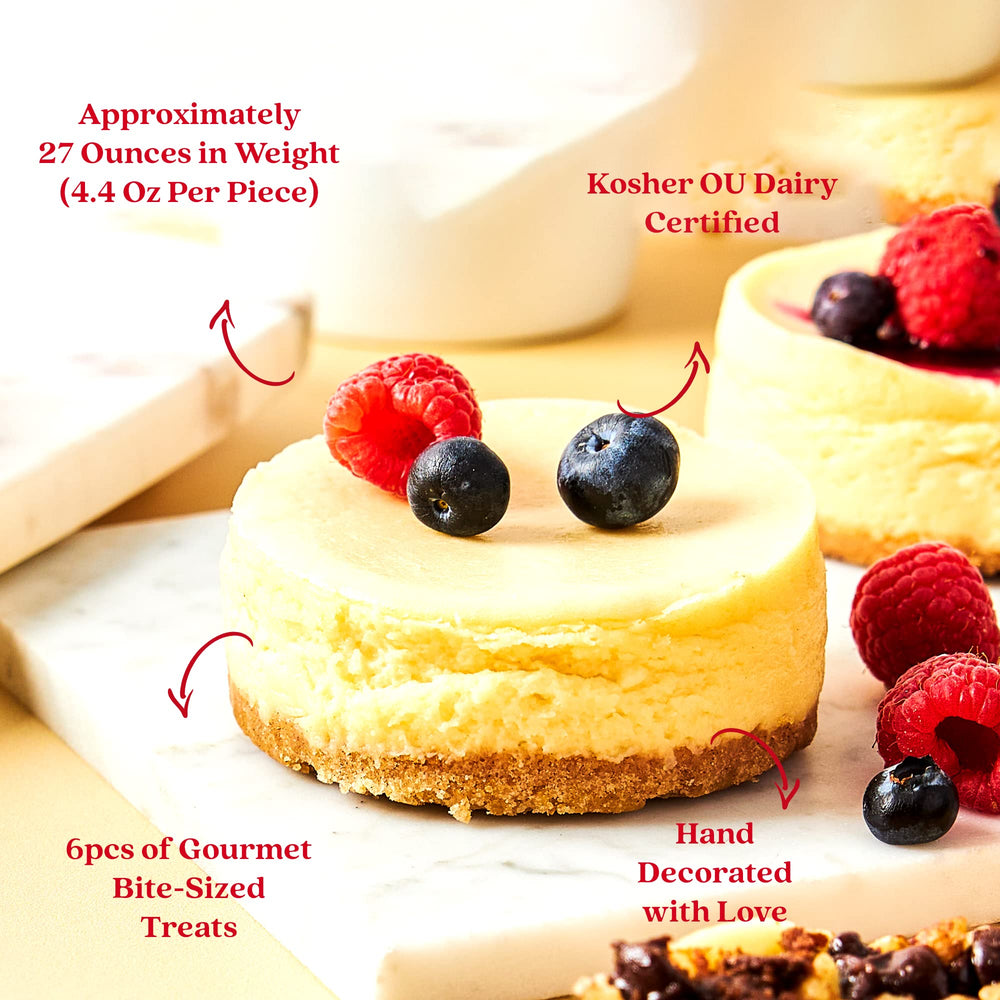 David's Cookies New York Mini Cheesecakes cream swirl top close-up, highlighting creamy texture.